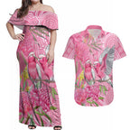 Australia Pink Galah Couples Matching Off Shoulder Maxi Dress and Hawaiian Shirt Rose-breasted Cockatoo Waratah Indigenous Art - Aussie Hoodie