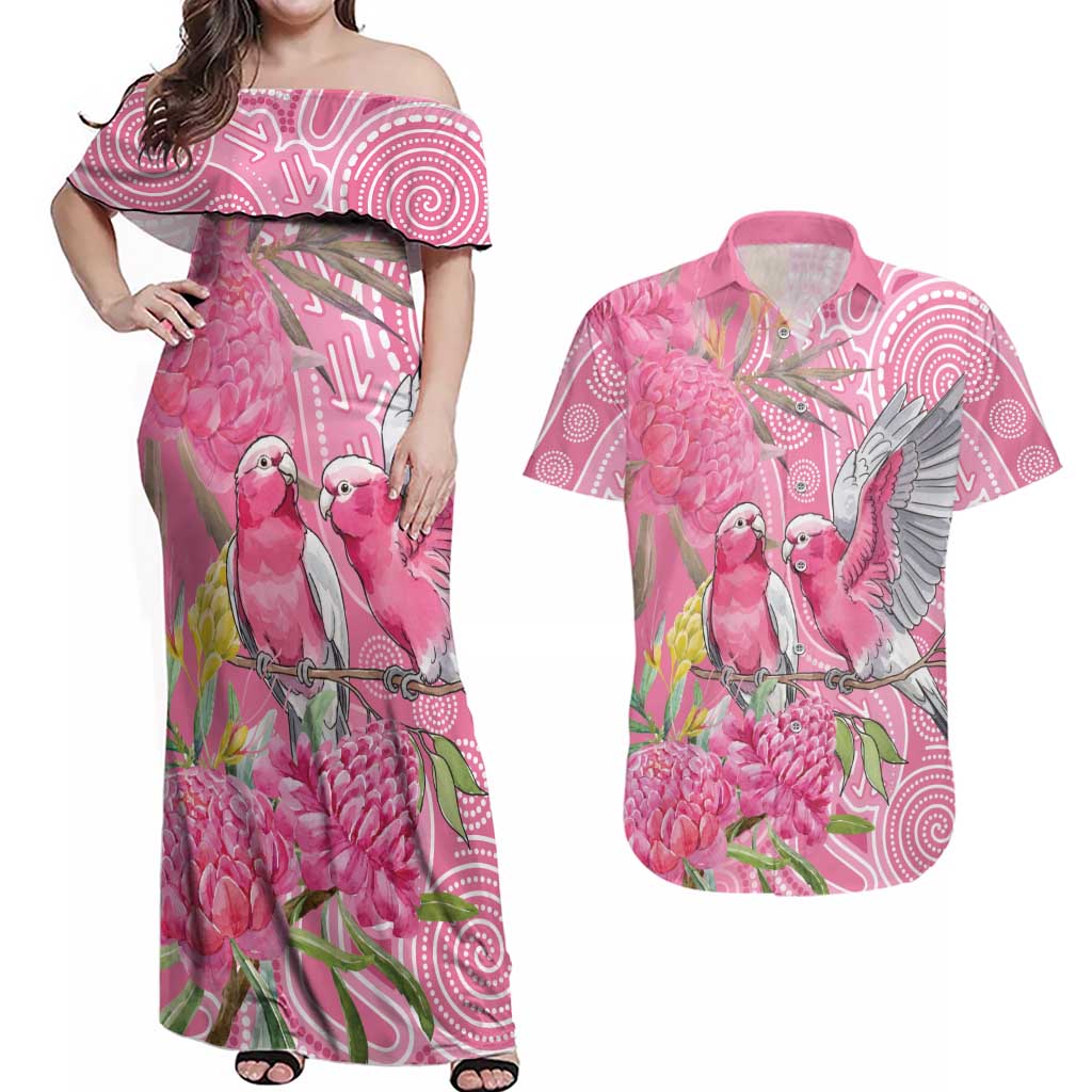 Australia Pink Galah Couples Matching Off Shoulder Maxi Dress and Hawaiian Shirt Rose-breasted Cockatoo Waratah Indigenous Art - Aussie Hoodie