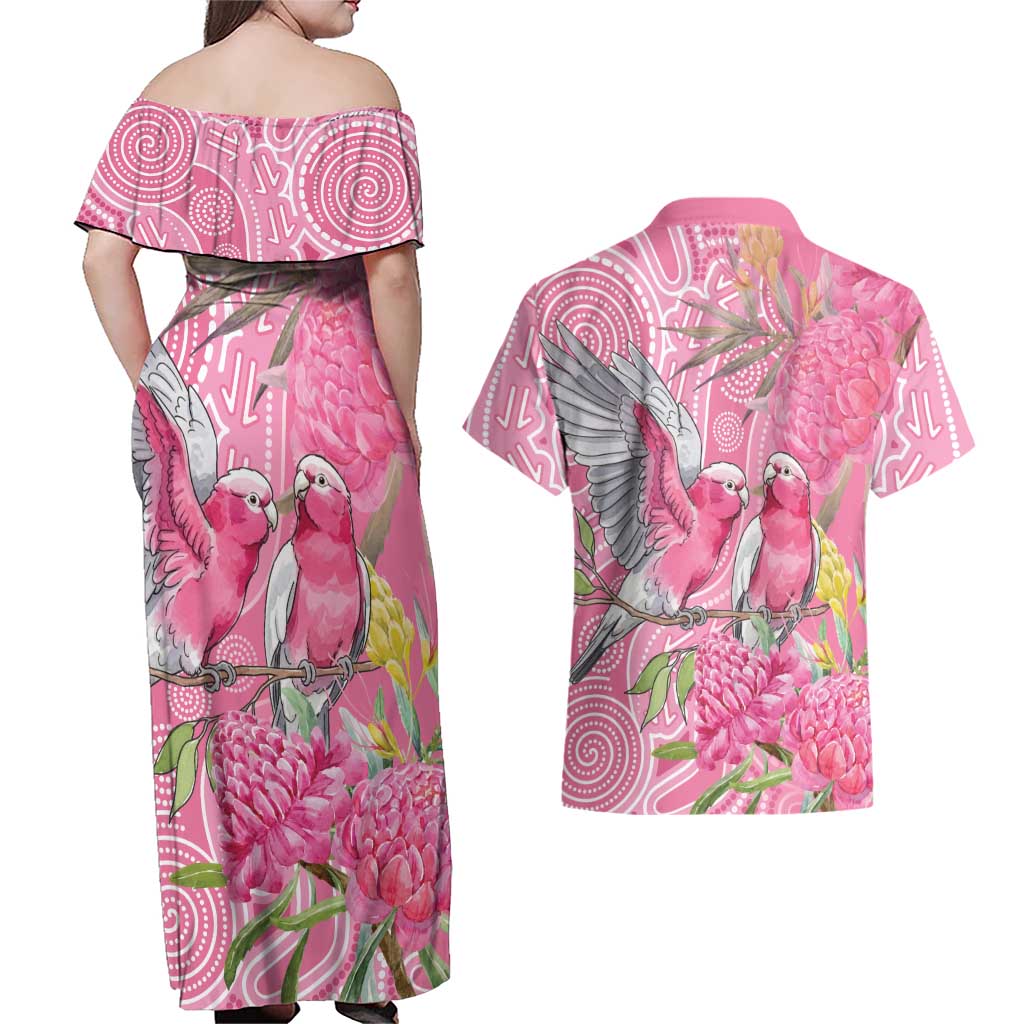 Australia Pink Galah Couples Matching Off Shoulder Maxi Dress and Hawaiian Shirt Rose-breasted Cockatoo Waratah Indigenous Art - Aussie Hoodie