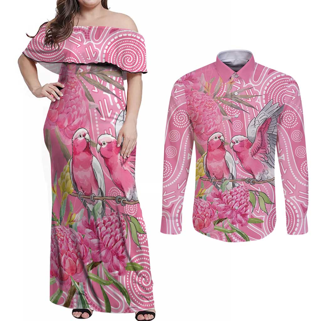 Australia Pink Galah Couples Matching Off Shoulder Maxi Dress and Long Sleeve Button Shirt Rose-breasted Cockatoo Waratah Indigenous Art - Aussie Hoodie