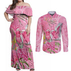 Australia Pink Galah Couples Matching Off Shoulder Maxi Dress and Long Sleeve Button Shirt Rose-breasted Cockatoo Waratah Indigenous Art - Aussie Hoodie