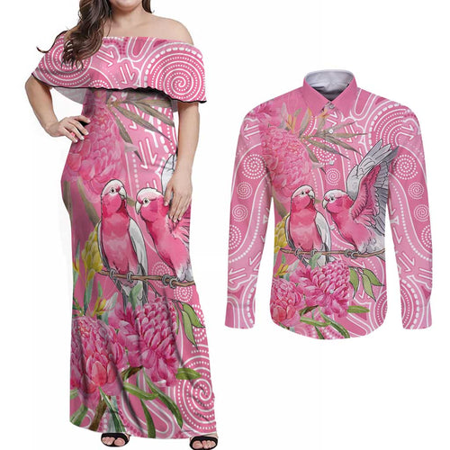 Australia Pink Galah Couples Matching Off Shoulder Maxi Dress and Long Sleeve Button Shirt Rose-breasted Cockatoo Waratah Indigenous Art - Aussie Hoodie