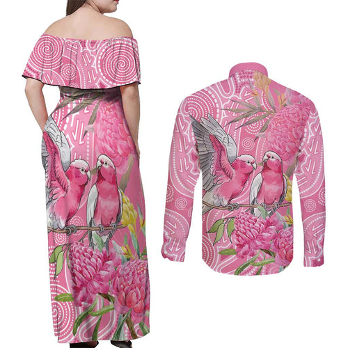 Australia Pink Galah Couples Matching Off Shoulder Maxi Dress and Long Sleeve Button Shirt Rose-breasted Cockatoo Waratah Indigenous Art - Aussie Hoodie