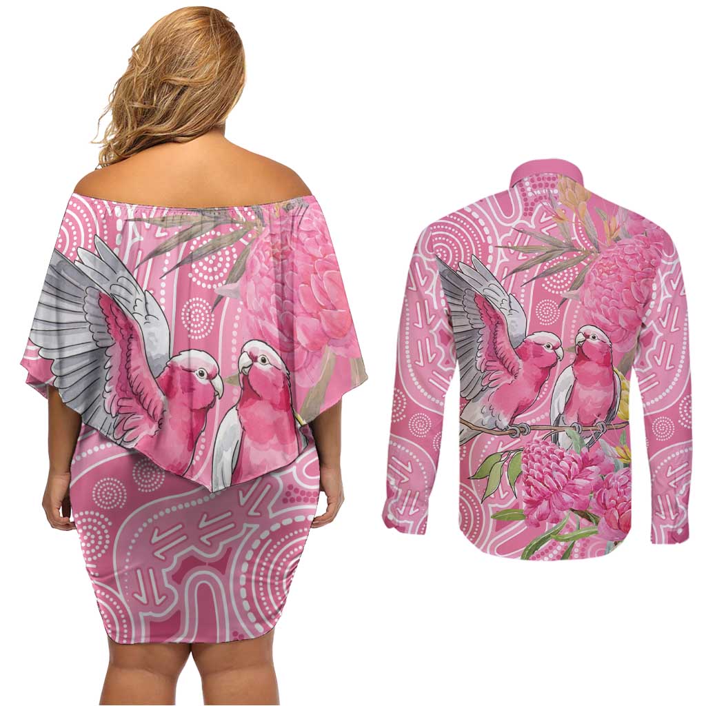 Australia Pink Galah Couples Matching Off Shoulder Short Dress and Long Sleeve Button Shirt Rose-breasted Cockatoo Waratah Indigenous Art - Aussie Hoodie