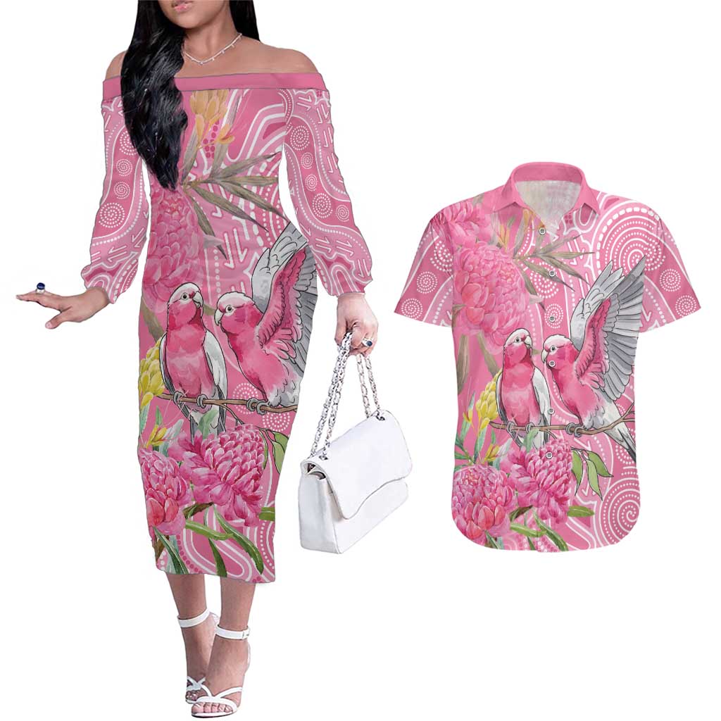 Australia Pink Galah Couples Matching Off The Shoulder Long Sleeve Dress and Hawaiian Shirt Rose-breasted Cockatoo Waratah Indigenous Art - Aussie Hoodie