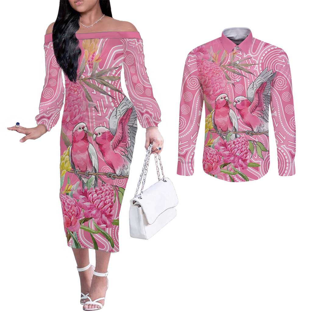 Australia Pink Galah Couples Matching Off The Shoulder Long Sleeve Dress and Long Sleeve Button Shirt Rose-breasted Cockatoo Waratah Indigenous Art - Aussie Hoodie