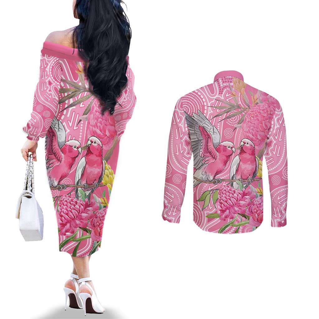 Australia Pink Galah Couples Matching Off The Shoulder Long Sleeve Dress and Long Sleeve Button Shirt Rose-breasted Cockatoo Waratah Indigenous Art - Aussie Hoodie