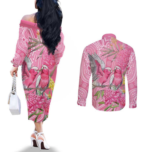 Australia Pink Galah Couples Matching Off The Shoulder Long Sleeve Dress and Long Sleeve Button Shirt Rose-breasted Cockatoo Waratah Indigenous Art - Aussie Hoodie