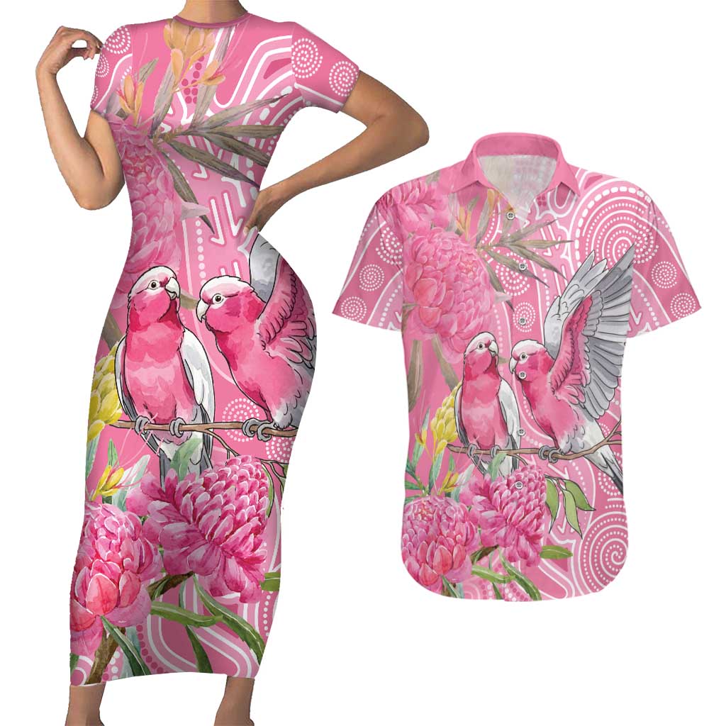Australia Pink Galah Couples Matching Short Sleeve Bodycon Dress and Hawaiian Shirt Rose-breasted Cockatoo Waratah Indigenous Art - Aussie Hoodie