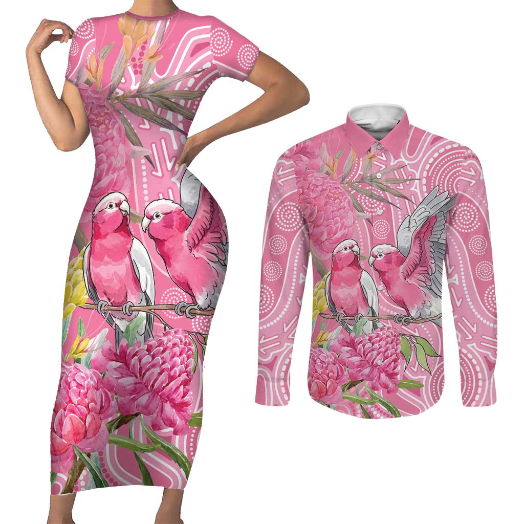 Australia Pink Galah Couples Matching Short Sleeve Bodycon Dress and Long Sleeve Button Shirt Rose-breasted Cockatoo Waratah Indigenous Art - Aussie Hoodie