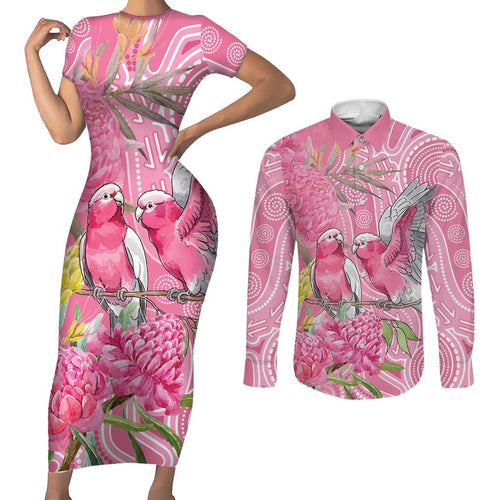 Australia Pink Galah Couples Matching Short Sleeve Bodycon Dress and Long Sleeve Button Shirt Rose-breasted Cockatoo Waratah Indigenous Art - Aussie Hoodie