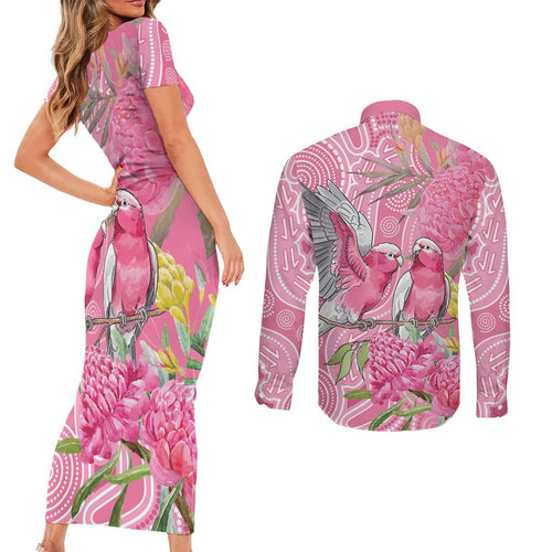 Australia Pink Galah Couples Matching Short Sleeve Bodycon Dress and Long Sleeve Button Shirt Rose-breasted Cockatoo Waratah Indigenous Art - Aussie Hoodie