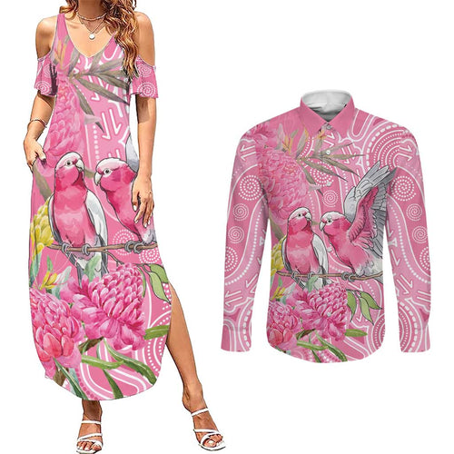 Australia Pink Galah Couples Matching Summer Maxi Dress and Long Sleeve Button Shirt Rose-breasted Cockatoo Waratah Indigenous Art - Aussie Hoodie