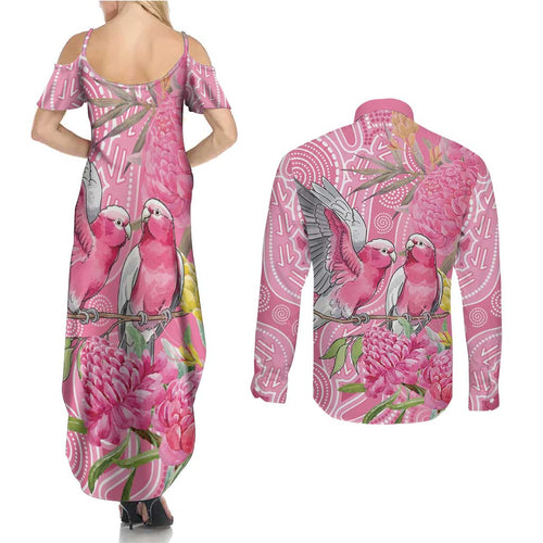 Australia Pink Galah Couples Matching Summer Maxi Dress and Long Sleeve Button Shirt Rose-breasted Cockatoo Waratah Indigenous Art - Aussie Hoodie