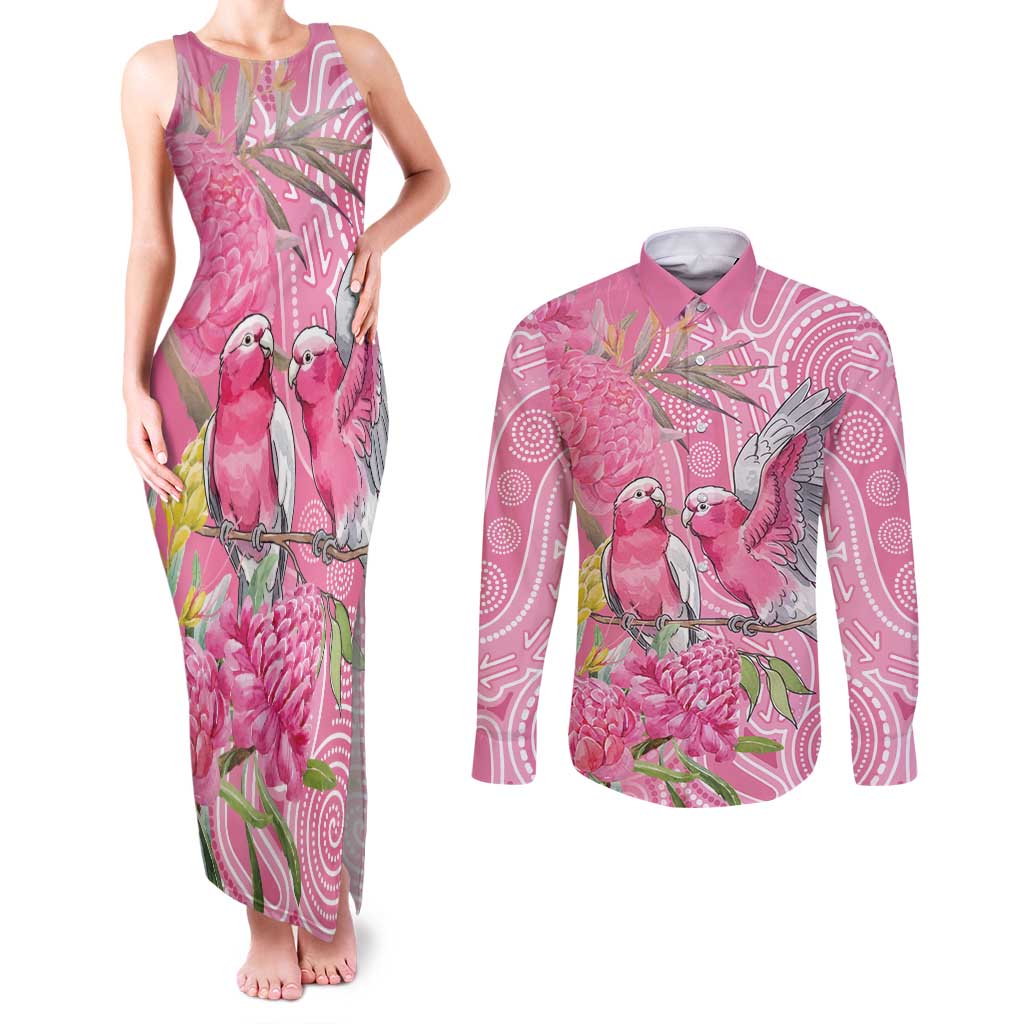 Australia Pink Galah Couples Matching Tank Maxi Dress and Long Sleeve Button Shirt Rose-breasted Cockatoo Waratah Indigenous Art - Aussie Hoodie