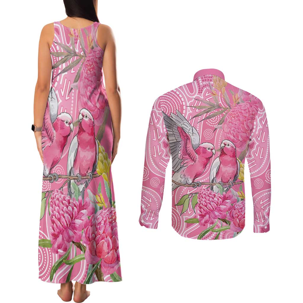 Australia Pink Galah Couples Matching Tank Maxi Dress and Long Sleeve Button Shirt Rose-breasted Cockatoo Waratah Indigenous Art - Aussie Hoodie