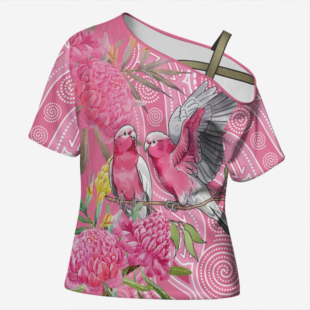 Australia Pink Galah Cross Shoulder Shirt Rose-breasted Cockatoo Waratah Indigenous Art - Aussie Hoodie