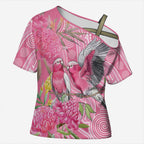 Australia Pink Galah Cross Shoulder Shirt Rose-breasted Cockatoo Waratah Indigenous Art - Aussie Hoodie