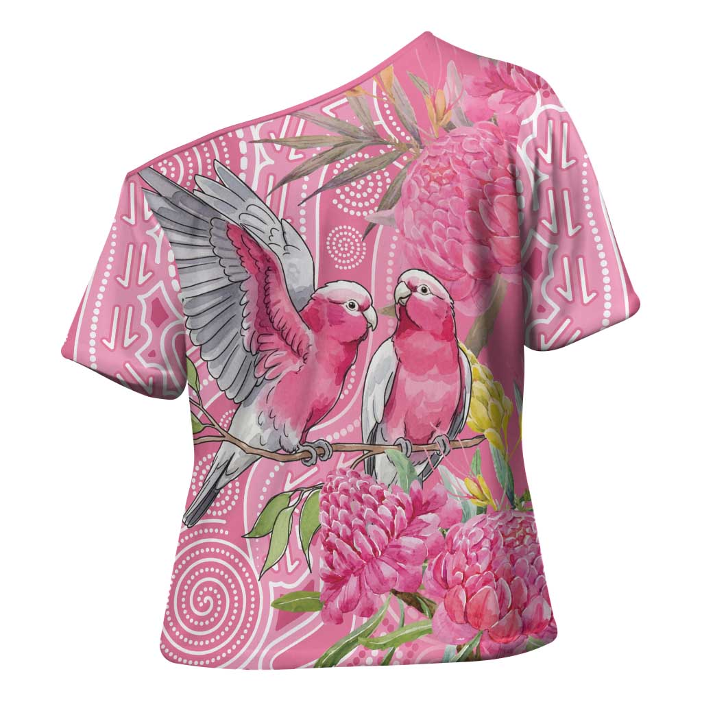 Australia Pink Galah Cross Shoulder Shirt Rose-breasted Cockatoo Waratah Indigenous Art - Aussie Hoodie
