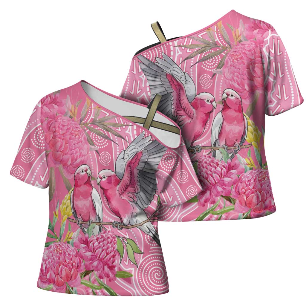 Australia Pink Galah Cross Shoulder Shirt Rose-breasted Cockatoo Waratah Indigenous Art - Aussie Hoodie