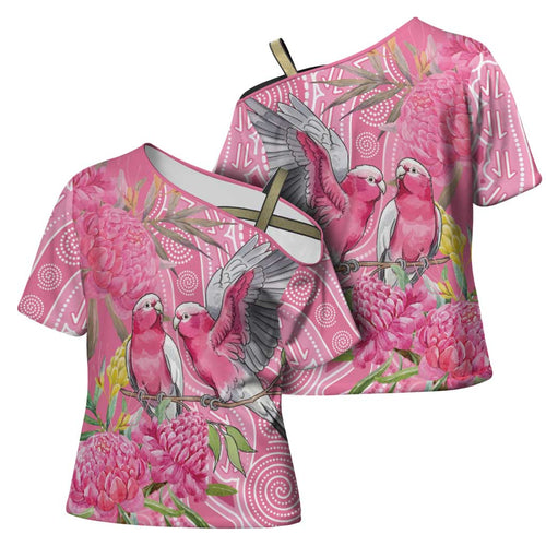 Australia Pink Galah Cross Shoulder Shirt Rose-breasted Cockatoo Waratah Indigenous Art - Aussie Hoodie