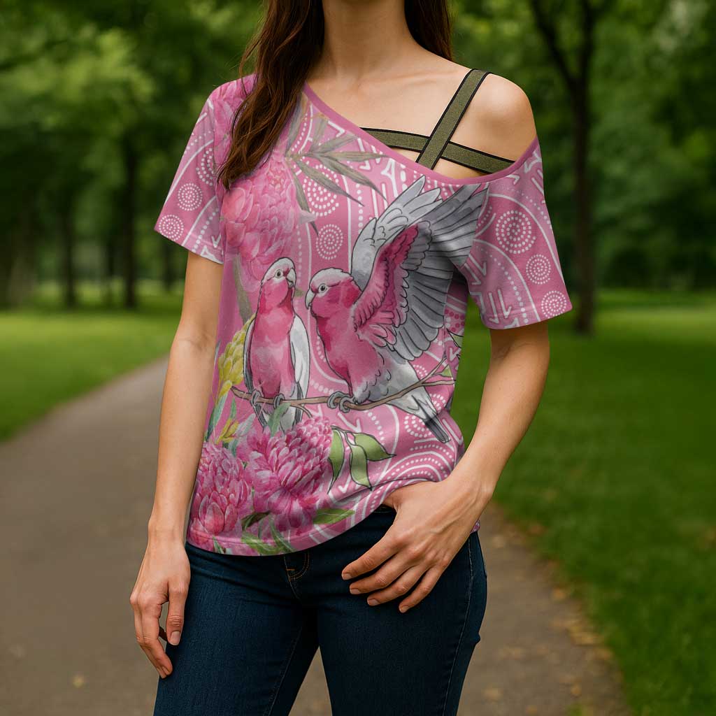 Australia Pink Galah Cross Shoulder Shirt Rose-breasted Cockatoo Waratah Indigenous Art - Aussie Hoodie