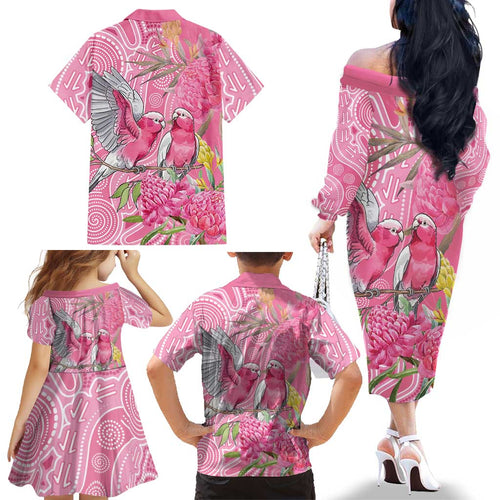 Australia Pink Galah Family Matching Off The Shoulder Long Sleeve Dress and Hawaiian Shirt Rose-breasted Cockatoo Waratah Indigenous Art - Aussie Hoodie