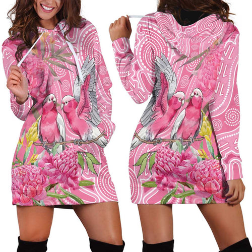 Australia Pink Galah Hoodie Dress Rose-breasted Cockatoo Waratah Indigenous Art - Aussie Hoodie