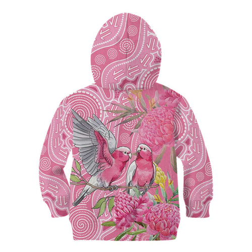 Australia Pink Galah Kid Hoodie Rose-breasted Cockatoo Waratah Indigenous Art - Aussie Hoodie