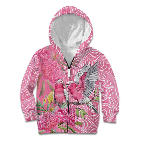 Australia Pink Galah Kid Hoodie Rose-breasted Cockatoo Waratah Indigenous Art - Aussie Hoodie