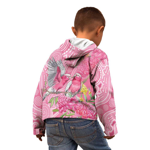 Australia Pink Galah Kid Hoodie Rose-breasted Cockatoo Waratah Indigenous Art - Aussie Hoodie