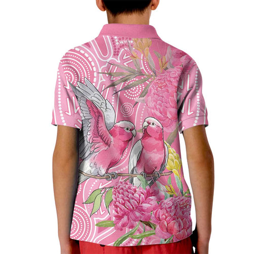 Australia Pink Galah Kid Polo Shirt Rose-breasted Cockatoo Waratah Indigenous Art - Aussie Hoodie