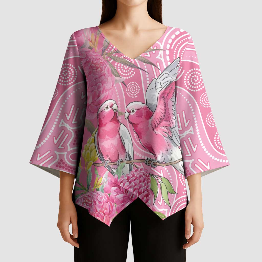 Australia Pink Galah Kimono Sleeve Blouse Rose-breasted Cockatoo Waratah Indigenous Art - Aussie Hoodie