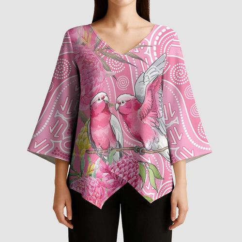 Australia Pink Galah Kimono Sleeve Blouse Rose-breasted Cockatoo Waratah Indigenous Art - Aussie Hoodie