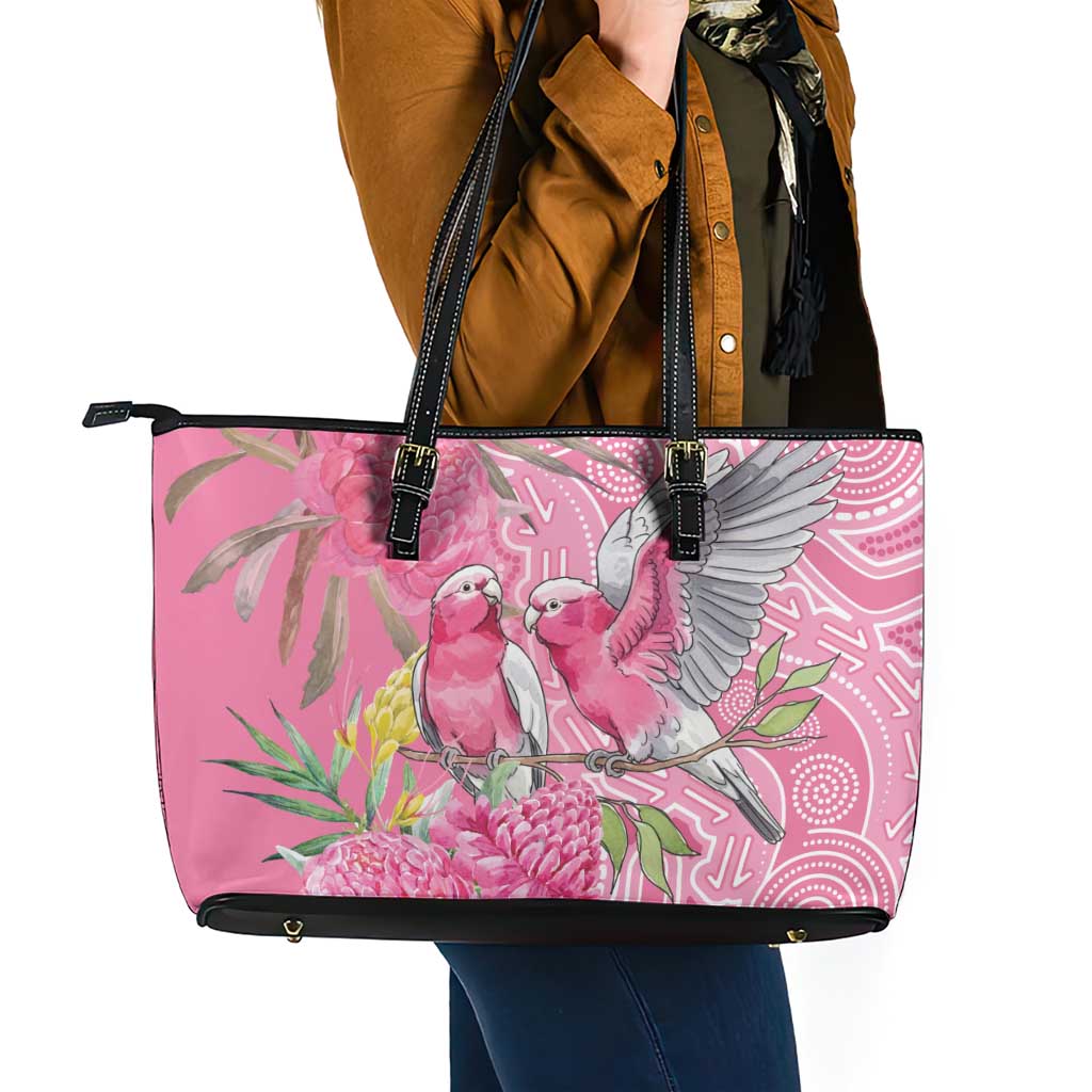 Australia Pink Galah Leather Tote Bag Rose-breasted Cockatoo Waratah Indigenous Art - Aussie Hoodie
