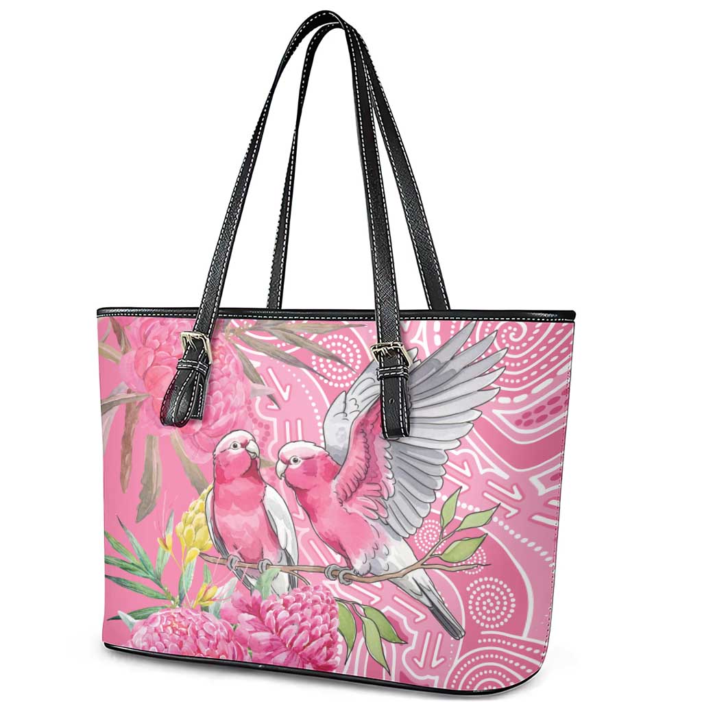 Australia Pink Galah Leather Tote Bag Rose-breasted Cockatoo Waratah Indigenous Art - Aussie Hoodie