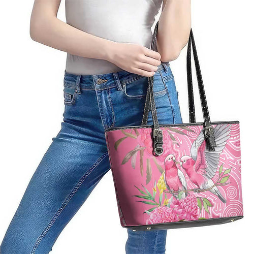 Australia Pink Galah Leather Tote Bag Rose-breasted Cockatoo Waratah Indigenous Art - Aussie Hoodie