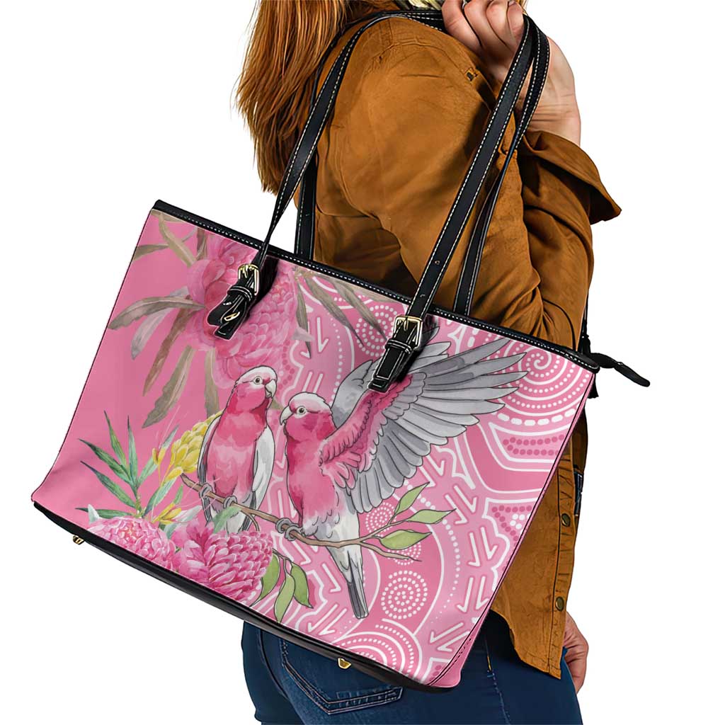 Australia Pink Galah Leather Tote Bag Rose-breasted Cockatoo Waratah Indigenous Art - Aussie Hoodie