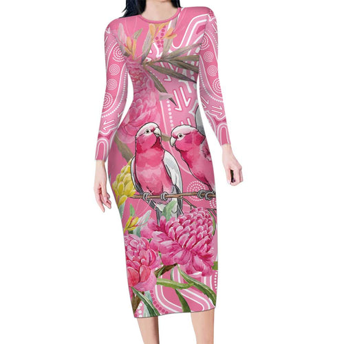 Australia Pink Galah Long Sleeve Bodycon Dress Rose-breasted Cockatoo Waratah Indigenous Art - Aussie Hoodie