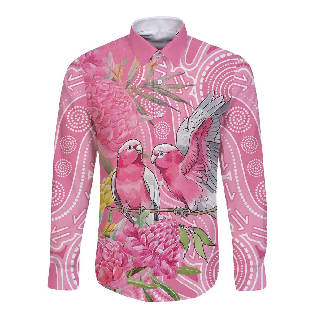 Australia Pink Galah Long Sleeve Button Shirt Rose-breasted Cockatoo Waratah Indigenous Art - Aussie Hoodie