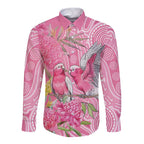 Australia Pink Galah Long Sleeve Button Shirt Rose-breasted Cockatoo Waratah Indigenous Art - Aussie Hoodie