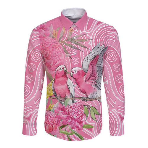 Australia Pink Galah Long Sleeve Button Shirt Rose-breasted Cockatoo Waratah Indigenous Art - Aussie Hoodie