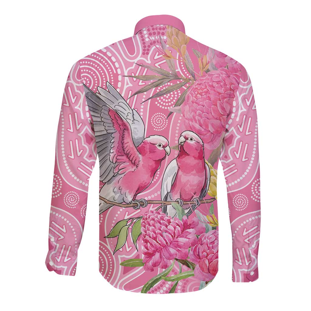 Australia Pink Galah Long Sleeve Button Shirt Rose-breasted Cockatoo Waratah Indigenous Art - Aussie Hoodie