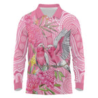 Australia Pink Galah Long Sleeve Polo Shirt Rose-breasted Cockatoo Waratah Indigenous Art - Aussie Hoodie