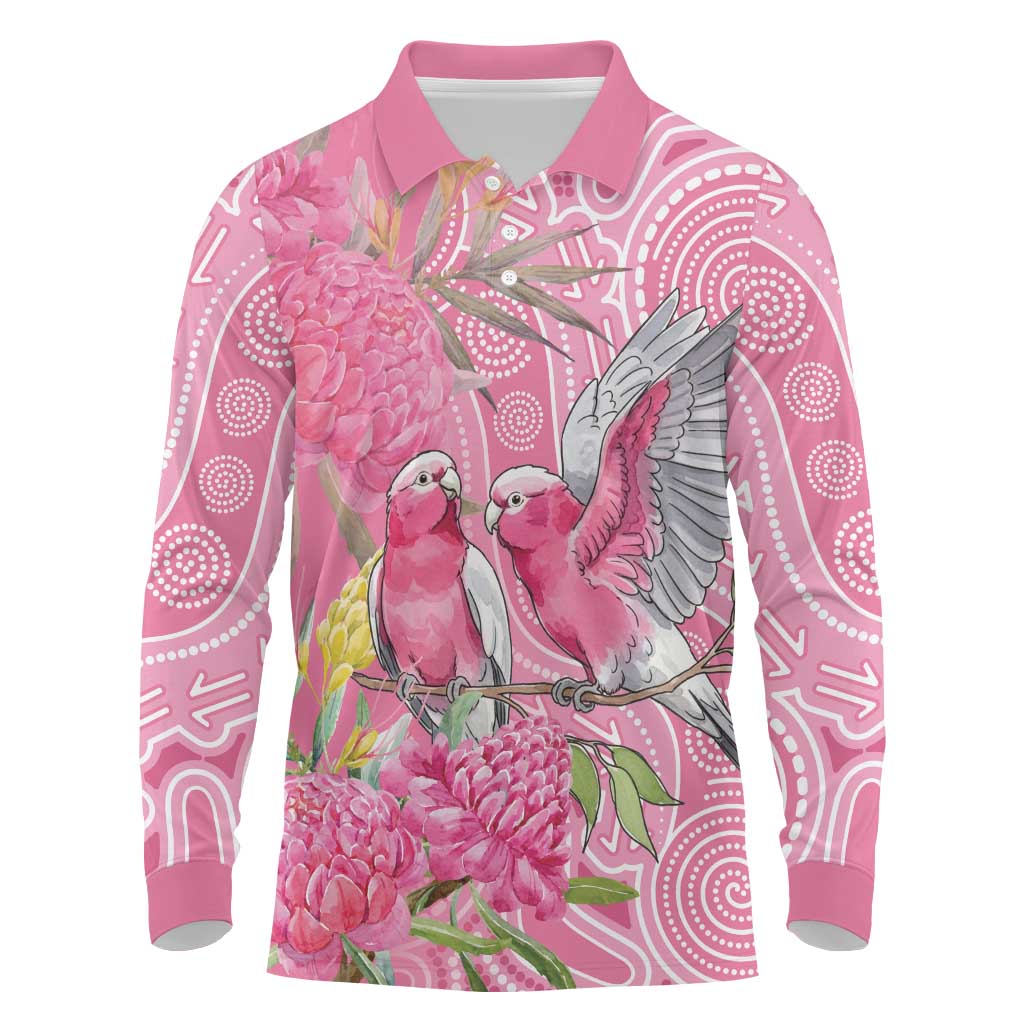 Australia Pink Galah Long Sleeve Polo Shirt Rose-breasted Cockatoo Waratah Indigenous Art - Aussie Hoodie