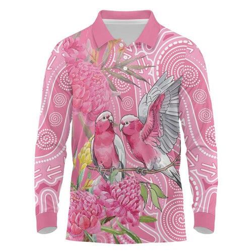Australia Pink Galah Long Sleeve Polo Shirt Rose-breasted Cockatoo Waratah Indigenous Art - Aussie Hoodie