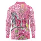Australia Pink Galah Long Sleeve Polo Shirt Rose-breasted Cockatoo Waratah Indigenous Art - Aussie Hoodie
