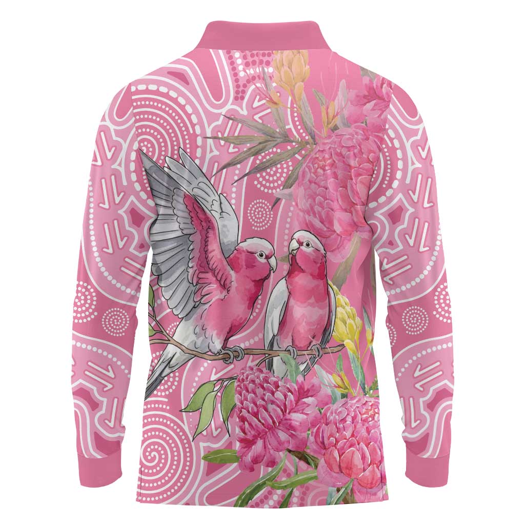 Australia Pink Galah Long Sleeve Polo Shirt Rose-breasted Cockatoo Waratah Indigenous Art - Aussie Hoodie