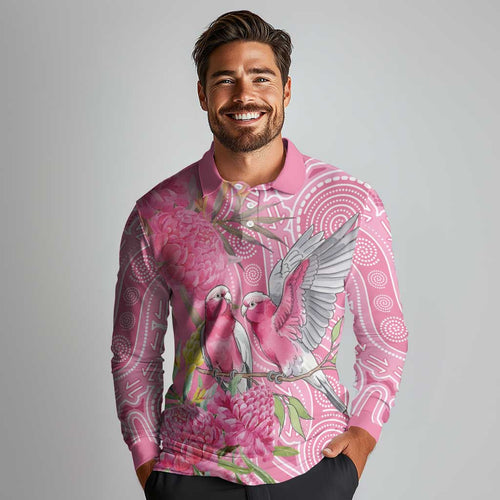 Australia Pink Galah Long Sleeve Polo Shirt Rose-breasted Cockatoo Waratah Indigenous Art - Aussie Hoodie