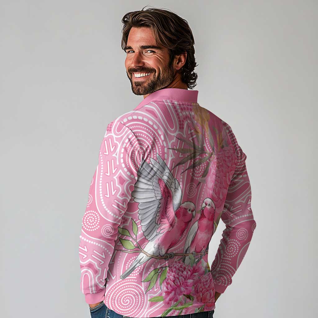 Australia Pink Galah Long Sleeve Polo Shirt Rose-breasted Cockatoo Waratah Indigenous Art - Aussie Hoodie